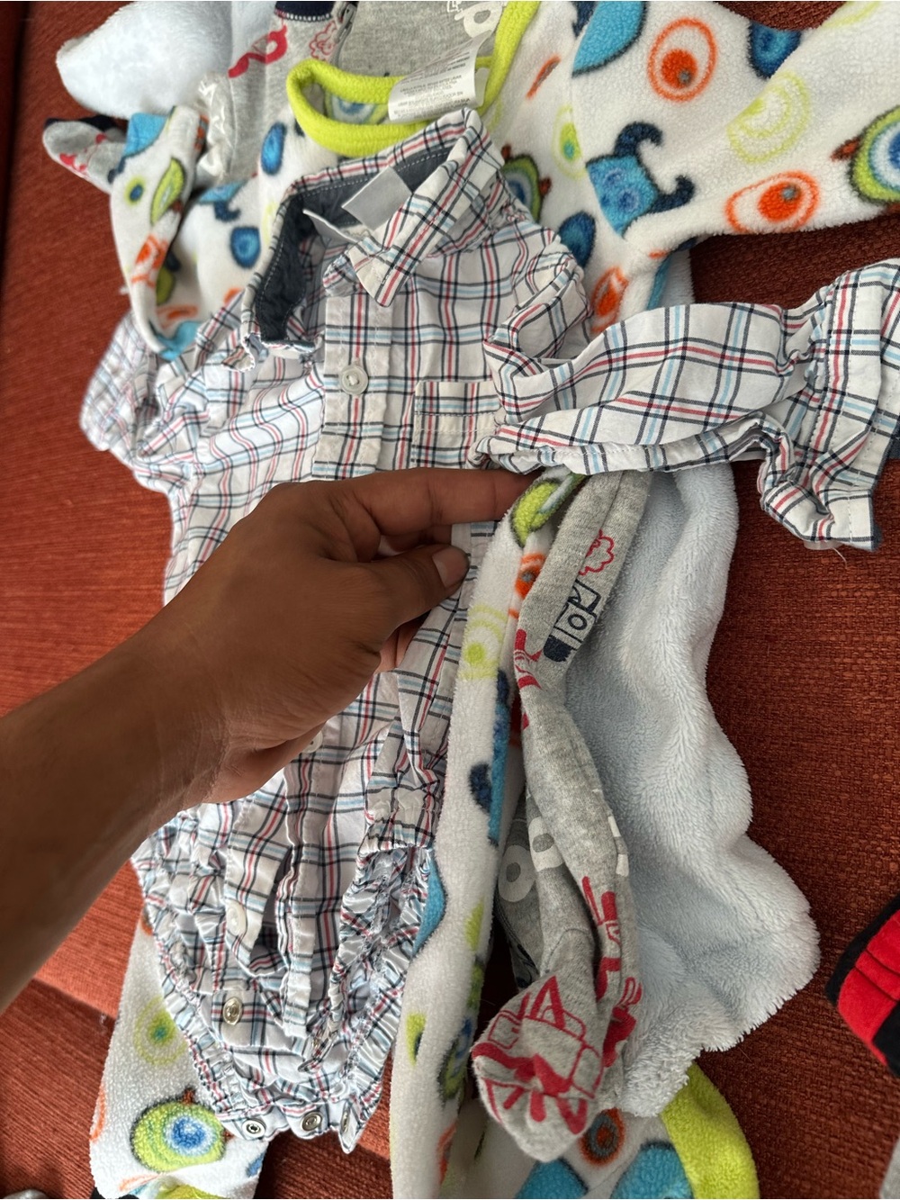 Plaid Button-Up Baby Romper with Multicolor Fleece